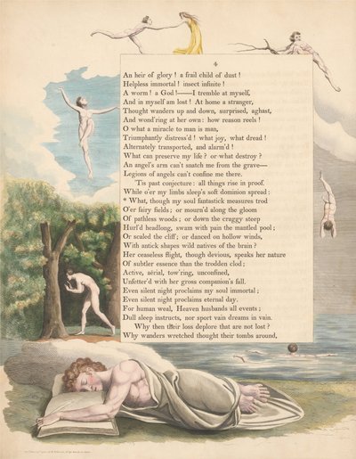 Les pensées nocturnes de Young, Page 4, Quoi, bien que mon âme ait suivi des mesures fantastiques - William Blake